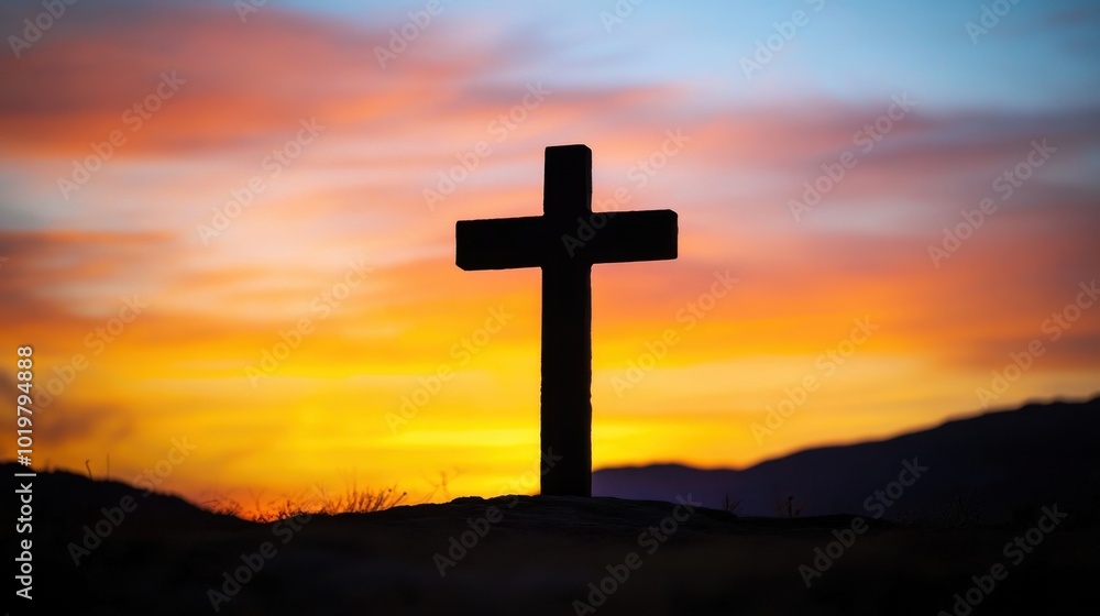 Silhouette of a cross against a vibrant orange and blue sunrise, symbolizing faith and hope. Concept of spirituality, religion, and new beginnings. Silhouette of a cross against a vibrant orange and blue sunrise, symbolizing faith and hope. Concept of spirituality, religion, and new beginnings.