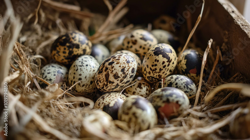 Speckled quail eggs on farm closeup, nature’s simplicity, AI generative... photo