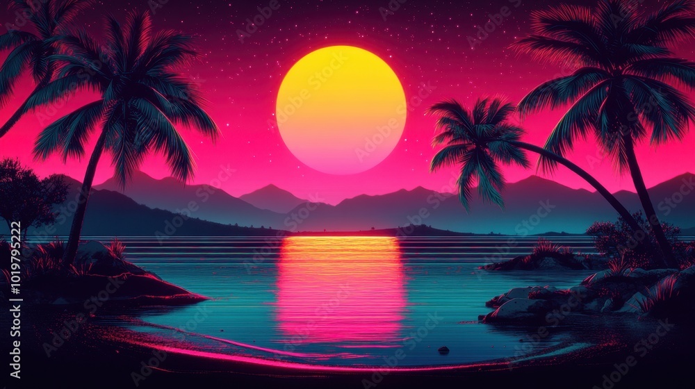 Silhouettes of palm trees set against a neon sunset sky, blending retro synthwave vibes with tropical beach vacation themes. Silhouettes of palm trees set against a neon sunset sky, blending retro synthwave vibes with tropical beach vacation themes.