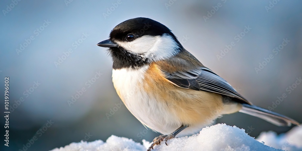 Black-capped chickadee Poecile atricapillus in extreme close-up during winter Black-capped chickadee Poecile atricapillus in extreme close-up during winter