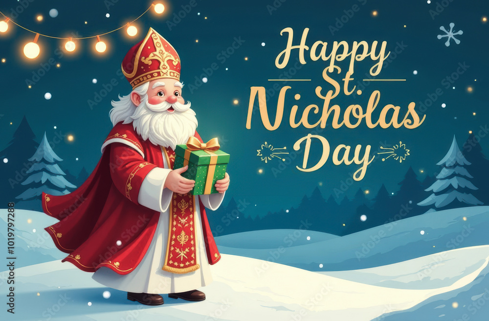 St Nicholas Day Celebration, Festive Sinterklaas Scene, Winter Holiday Cheer, Gift Giving, Festive Lights, December 6 Magic Concept St Nicholas Day Celebration, Festive Sinterklaas Scene, Winter Holiday Cheer, Gift Giving, Festive Lights, December 6 Magic Concept
