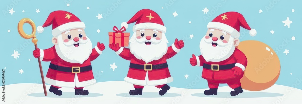 Festive Illustration of Three Santas Enjoying St Nicholas Day with Gifts and Cheer, Sinterklaas Celebration Concept Festive Illustration of Three Santas Enjoying St Nicholas Day with Gifts and Cheer, Sinterklaas Celebration Concept