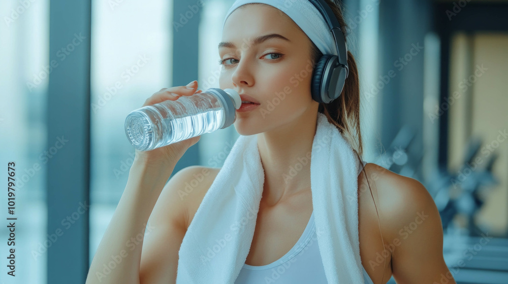 Cheerful woman with towel and thermos in gym, audio experience, AI generative. Cheerful woman with towel and thermos in gym, audio experience, AI generative.