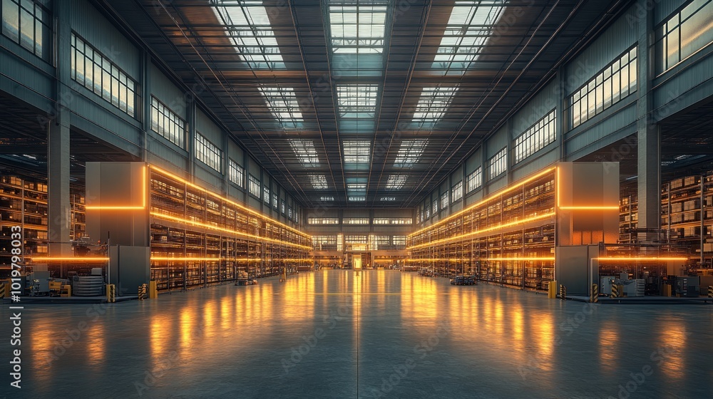 Spacious industrial warehouse with illuminated shelving units. Spacious industrial warehouse with illuminated shelving units.