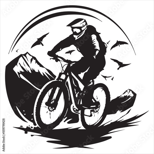 simple logo of a man with mtb normal helm an all-terrain bike in a simple landscape, on a white background
