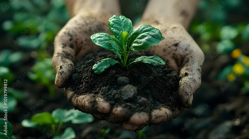 Hands Holding a Seedling in Soil - Realistic Image Hands Holding a Seedling in Soil - Realistic Image