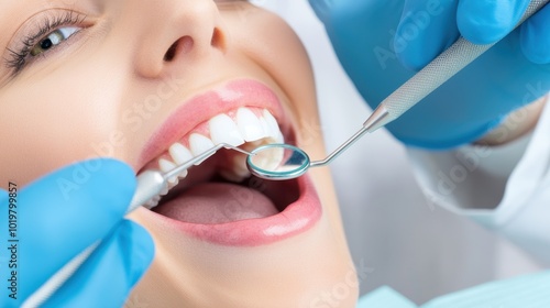 Close-up of a dental checkup showing professional tools used for examination, ensuring healthy teeth and oral hygiene.