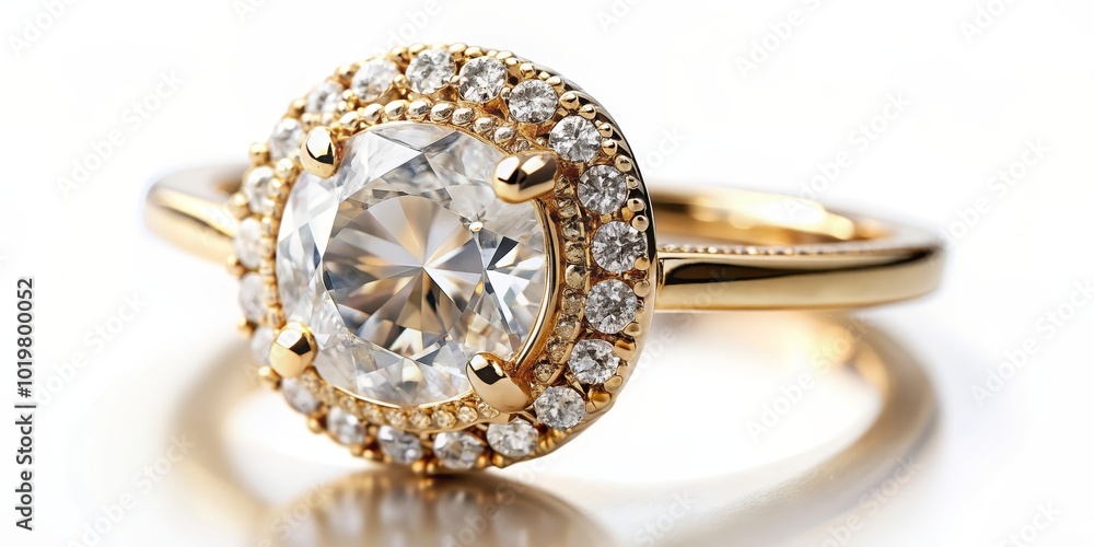 Shiny golden ring adorned with sparkling diamonds on a white background, jewelry, luxury, glamour, elegant Shiny golden ring adorned with sparkling diamonds on a white background, jewelry, luxury, glamour, elegant