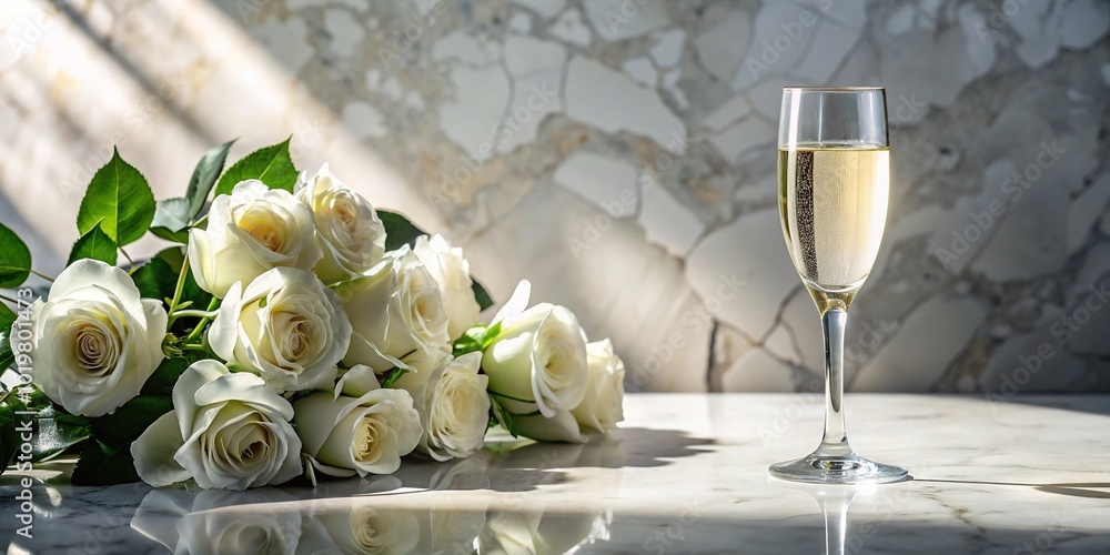Elegant Champagne Celebration with White Roses on Marble Table - Anniversary and Congratulation Themes Elegant Champagne Celebration with White Roses on Marble Table - Anniversary and Congratulation Themes