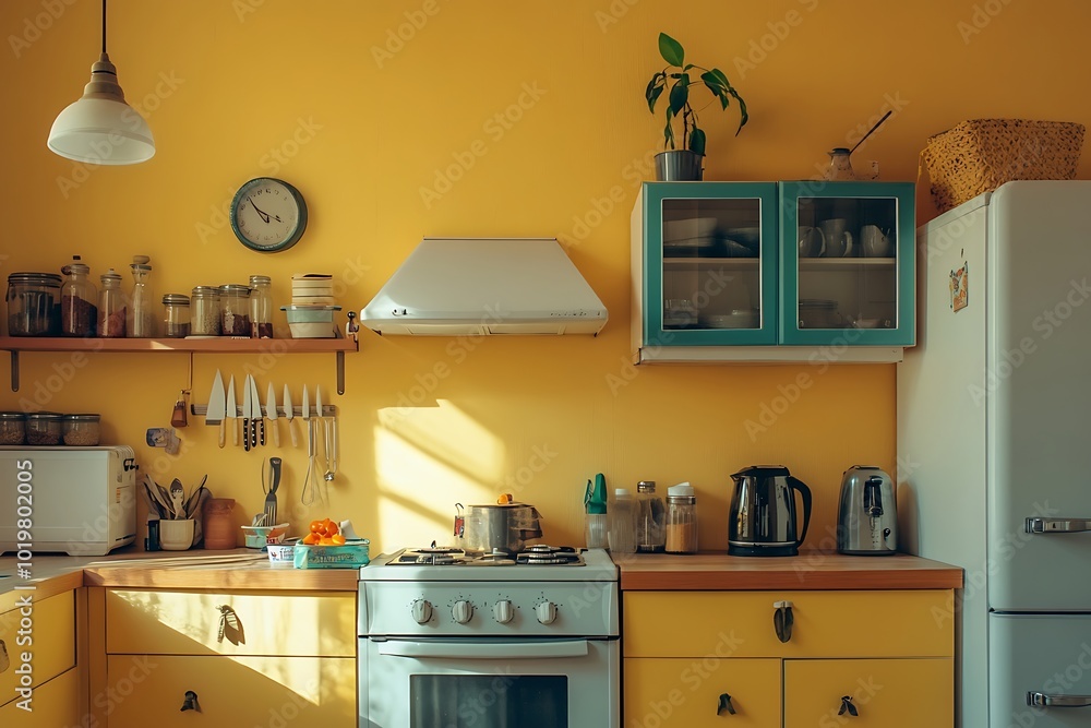 Kitchen with Yellow Walls, Shelving and Appliances Kitchen with Yellow Walls, Shelving and Appliances