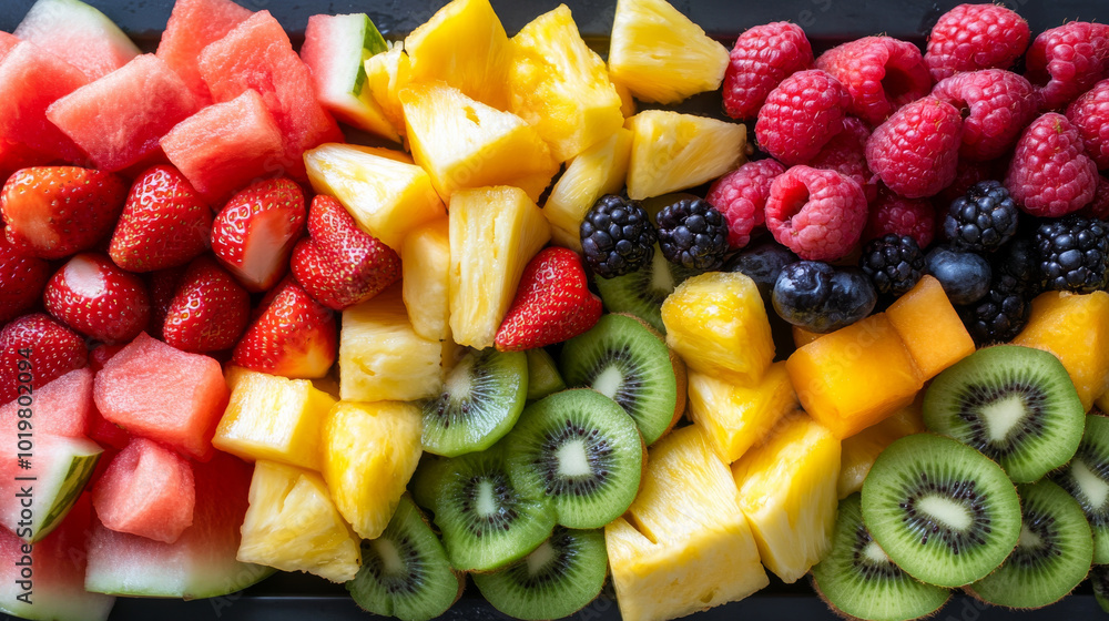 A vibrant platter of mixed fruit including watermelon, pineapple, kiwi, and strawberries, arranged in a rainbow pattern. A vibrant platter of mixed fruit including watermelon, pineapple, kiwi, and strawberries, arranged in a rainbow pattern.