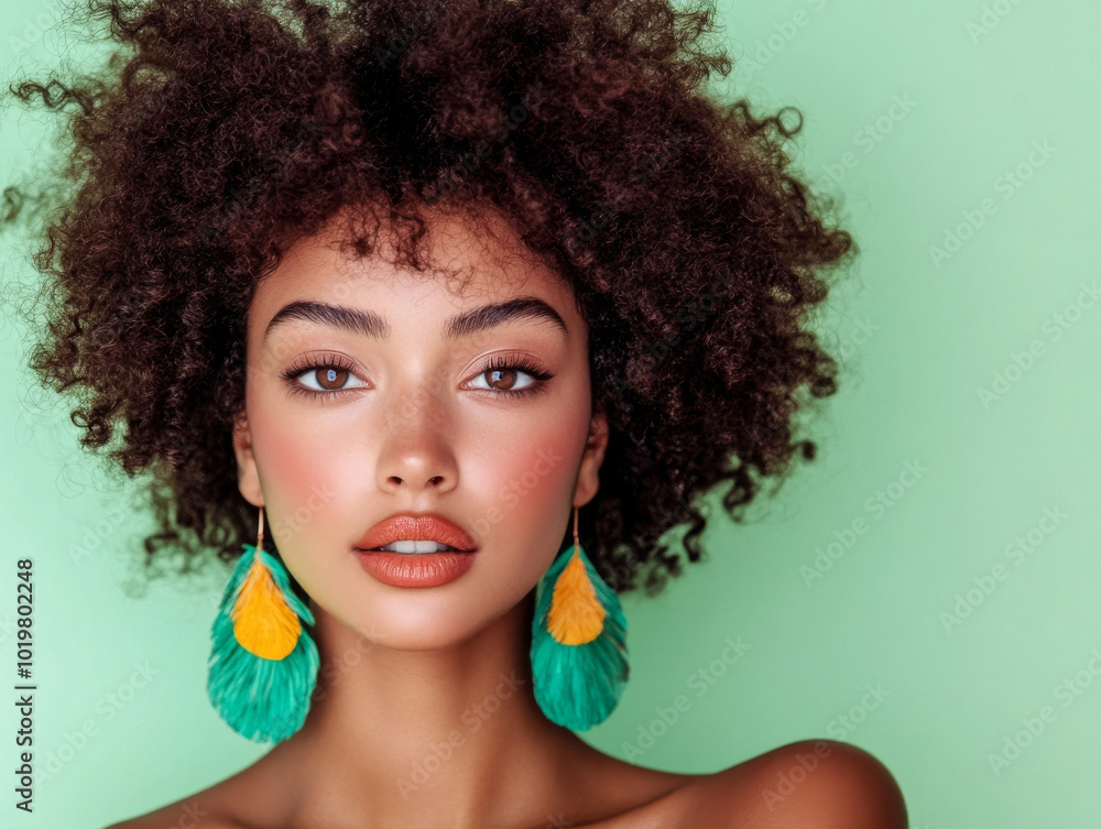 A woman with curly hair and bright earrings, posing confidently with a pastel mint green background. A woman with curly hair and bright earrings, posing confidently with a pastel mint green background.