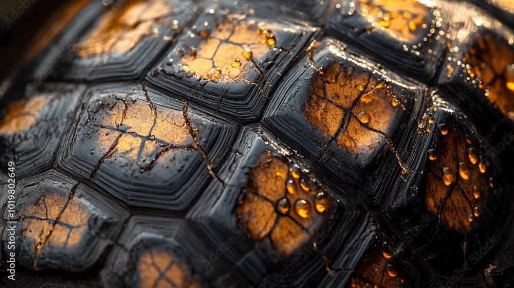 Close-up of a turtle shell with water droplets. Close-up of a turtle shell with water droplets.