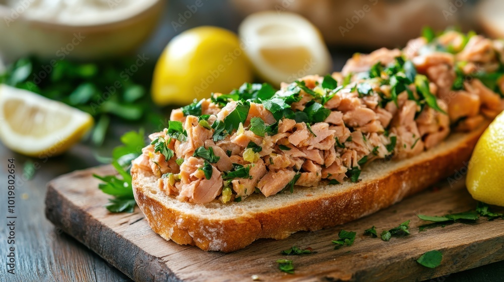 Tuna sandwich with vibrant green herbs and zesty lemon wedges on a wooden surface, ready for serving. Concept of fresh, homemade, and delicious cooking. Tuna sandwich with vibrant green herbs and zesty lemon wedges on a wooden surface, ready for serving. Concept of fresh, homemade, and delicious cooking.