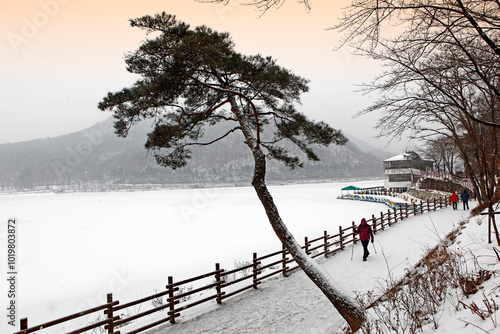 Namtong-dong, Gumi-si, Gyeongsangbuk-do, Korea - January 1, 2013: A hiker is walking the snow covered pathway by the Geumosan Reservoir near Geumosan Mt.  photo