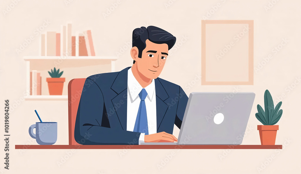 Businessman working on laptop in home office Businessman working on laptop in home office