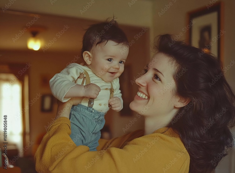 A photograph of an average woman in her thirties, smiling and holding up a baby boy with dark hair inside a house, wearing 1990s-style