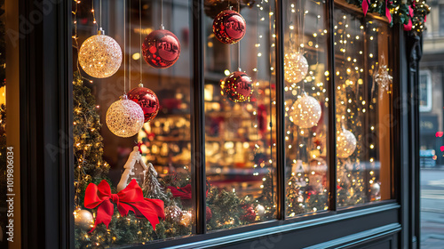 Storefront Windows: Windows featuring christmas holiday decorations alongside Black Friday sales. photo