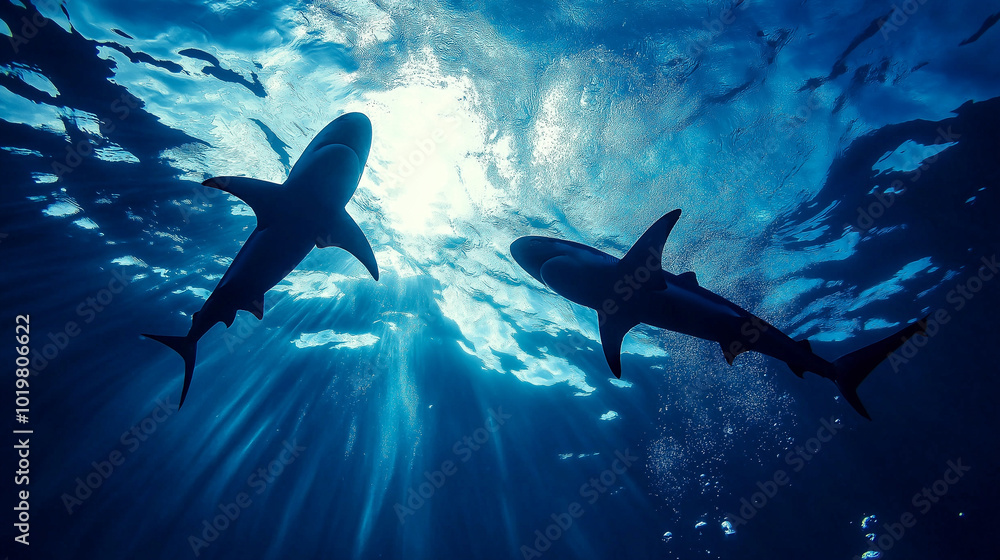 Fototapeta premium Two sharks swimming in the ocean, silhouetted against the bright light from above.