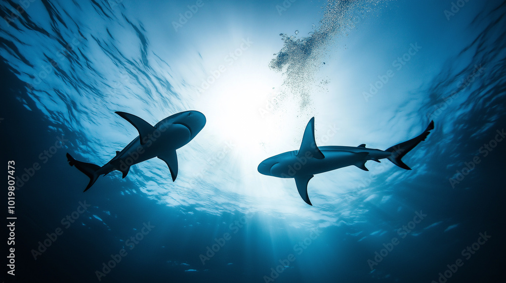 Obraz premium Two sharks swimming in the ocean, silhouetted against the bright light from above.