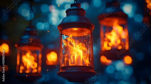 A close-up of lanterns rising in a circle, their flickering flames casting dynamic shadows on a deep blue night sky photo