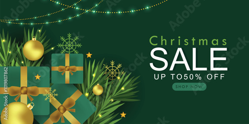 Christmas sale banner with christmas elements on green background