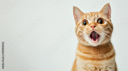 An orange tabby cat with a surprised expression, mouth open, on a white background.