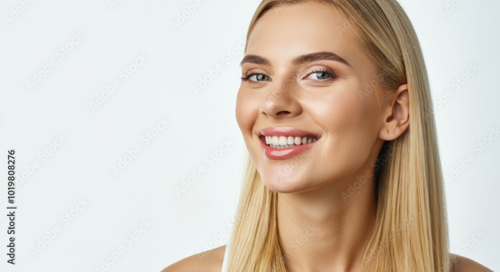 Radiant Blonde Woman with a Beautiful Smile on White Background