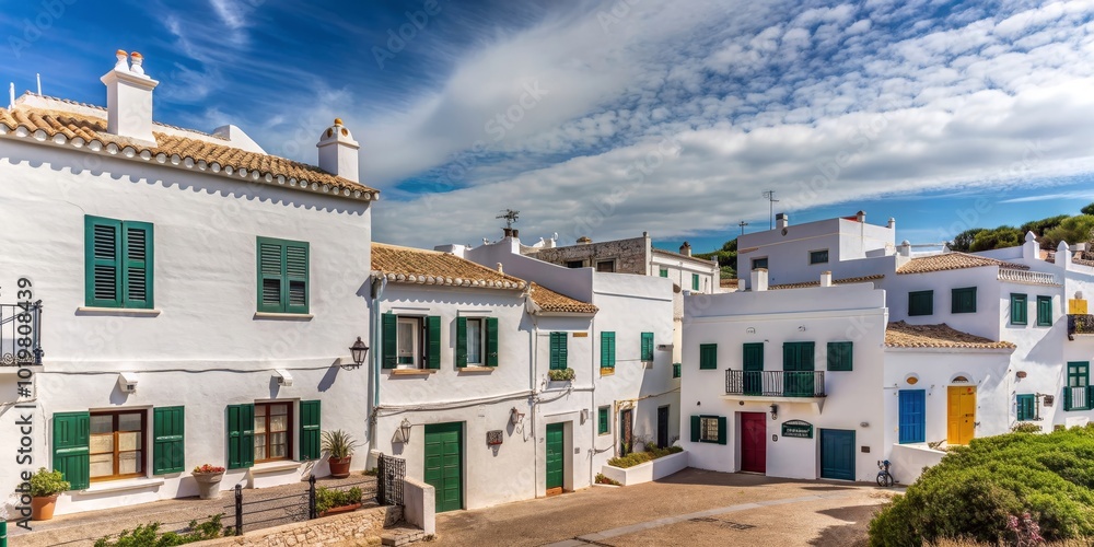 Fototapeta premium Charming village houses and villas set against a sunny sky, showcasing Italian architecture with yellow facades, palm trees, and a picturesque street scene
