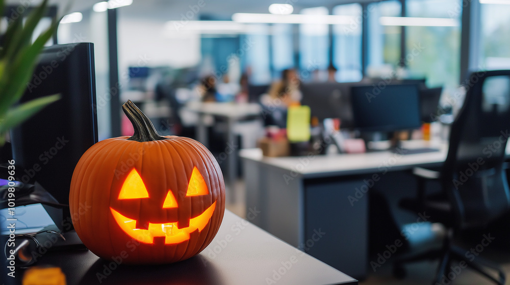 A glowing jack-o'-lantern on a desk in a modern office, celebrating Halloween. A glowing jack-o'-lantern on a desk in a modern office, celebrating Halloween.