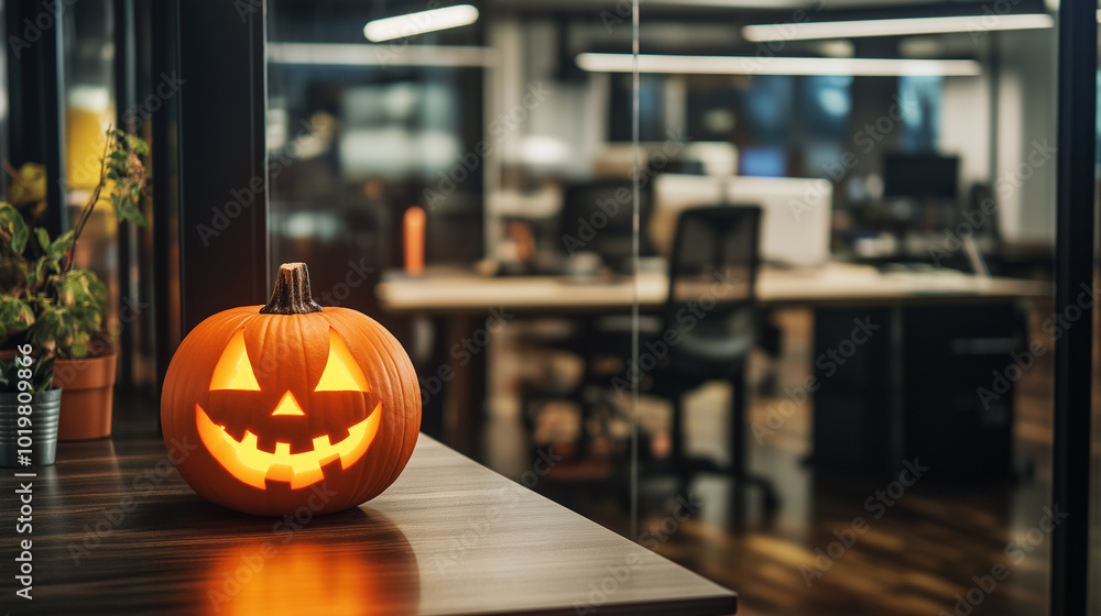 A glowing jack-o'-lantern on a desk in a modern office, celebrating Halloween. A glowing jack-o'-lantern on a desk in a modern office, celebrating Halloween.