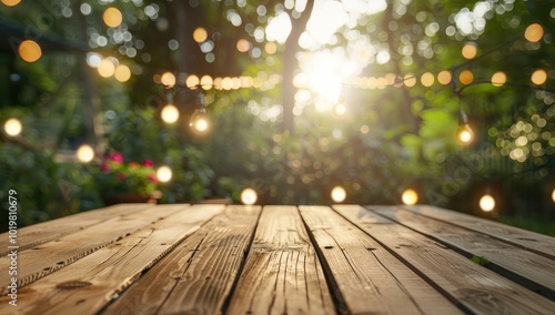 Empty wooden table top with a blurred background of a garden and string lights for product display, bokeh, flare light effect, wide angle shot, professional color grading, soft shadows