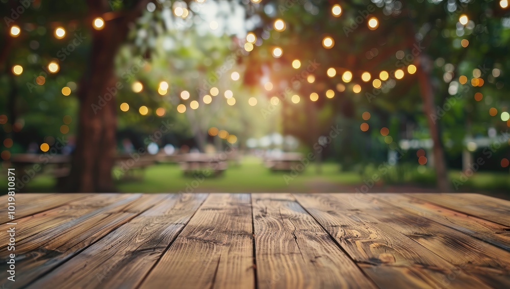 Empty wooden table top with a blurred background of a garden and string lights for product display, bokeh, flare light effect, wide angle shot, professional color grading, soft shadows Empty wooden table top with a blurred background of a garden and string lights for product display, bokeh, flare light effect, wide angle shot, professional color grading, soft shadows