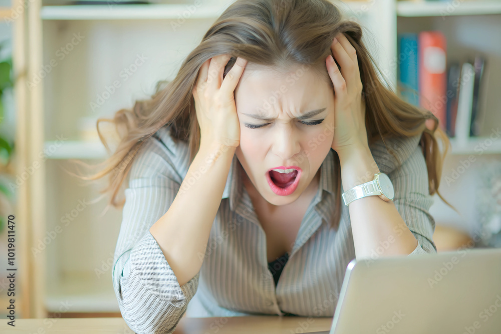 A woman in his early 25s, sitting at a desk with her head thrown back and her hands running through her hair in frustration A woman in his early 25s, sitting at a desk with her head thrown back and her hands running through her hair in frustration