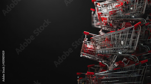 Overflowing carts stacked as a symbol of big shopping hauls with copy space for black friday background banner. photo