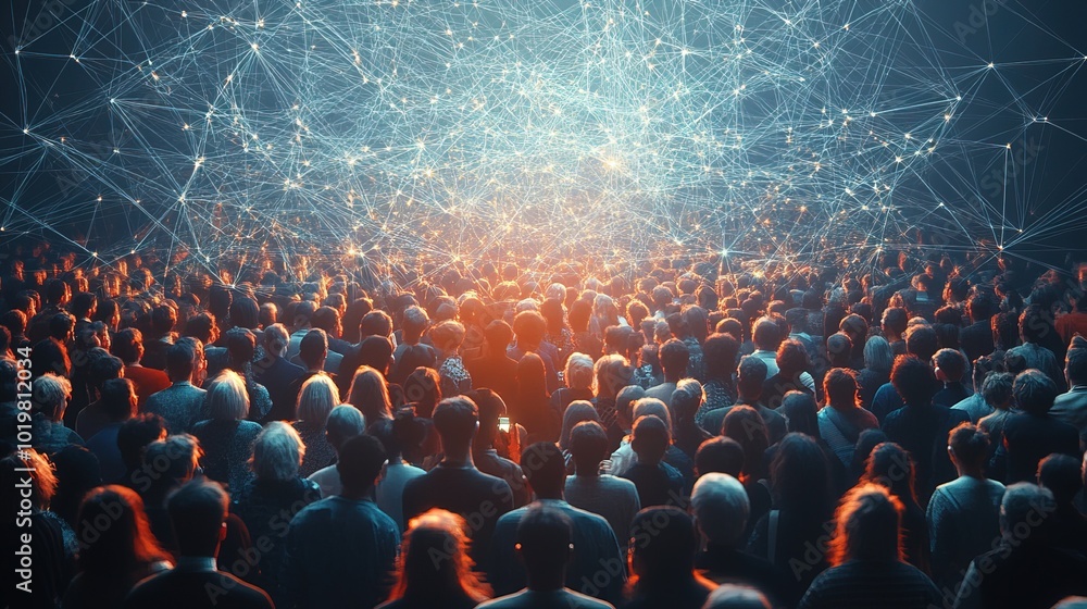 Obraz premium View of a crowd with a network of connection technology