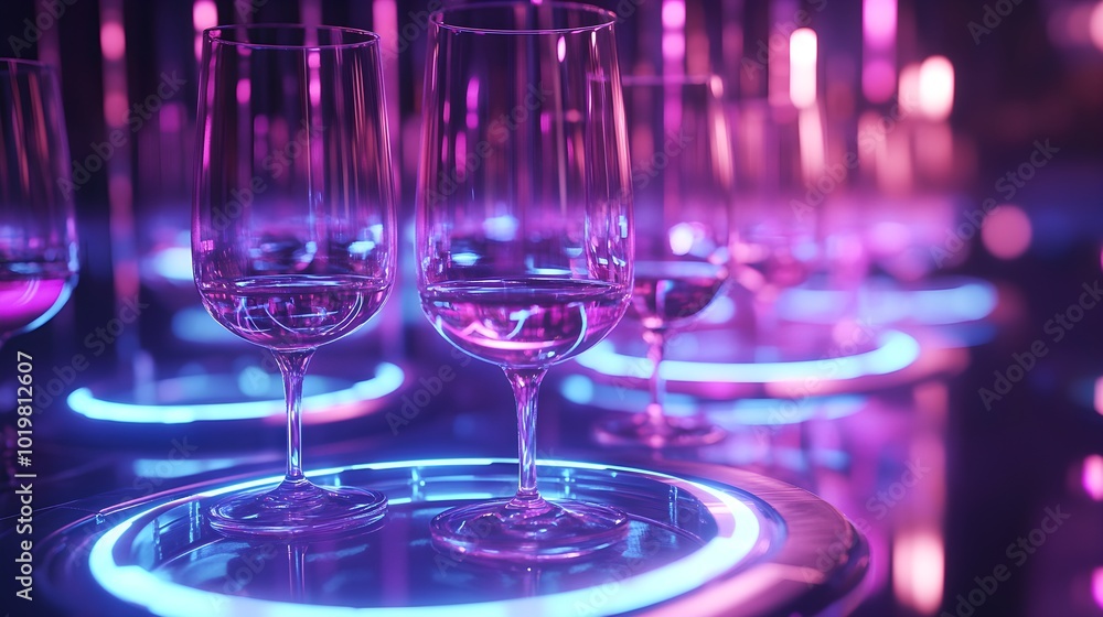 Wine tasting setup in a modern tech lab, wine glasses floating in a holographic ring, vibrant futuristic lighting, sci-fi atmosphere, digital rendering, cool blue tones Wine tasting setup in a modern tech lab, wine glasses floating in a holographic ring, vibrant futuristic lighting, sci-fi atmosphere, digital rendering, cool blue tones