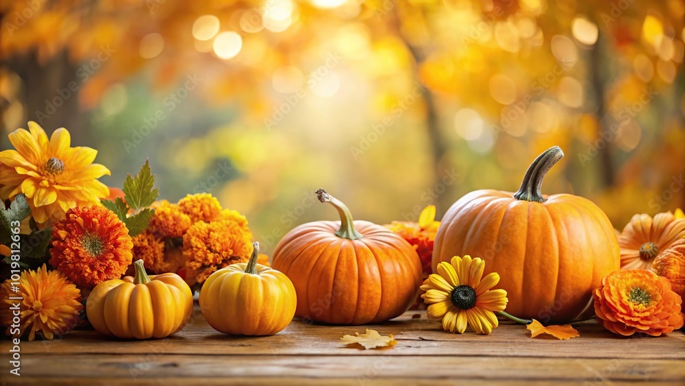 Autumn background with pumpkins and orange flowers Low Angle Autumn background with pumpkins and orange flowers Low Angle