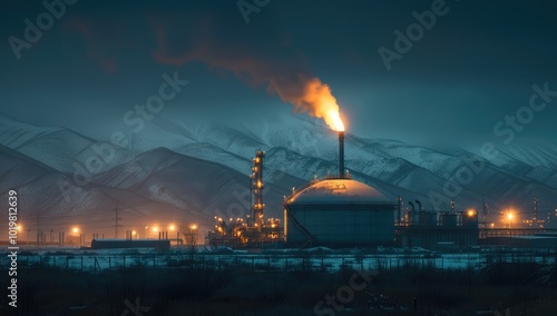 Oil gas plant, a large storage tank of liquid natural gas there. The main flame from which smoke rises has an attractive appearance and stands out against the grey sky at night
