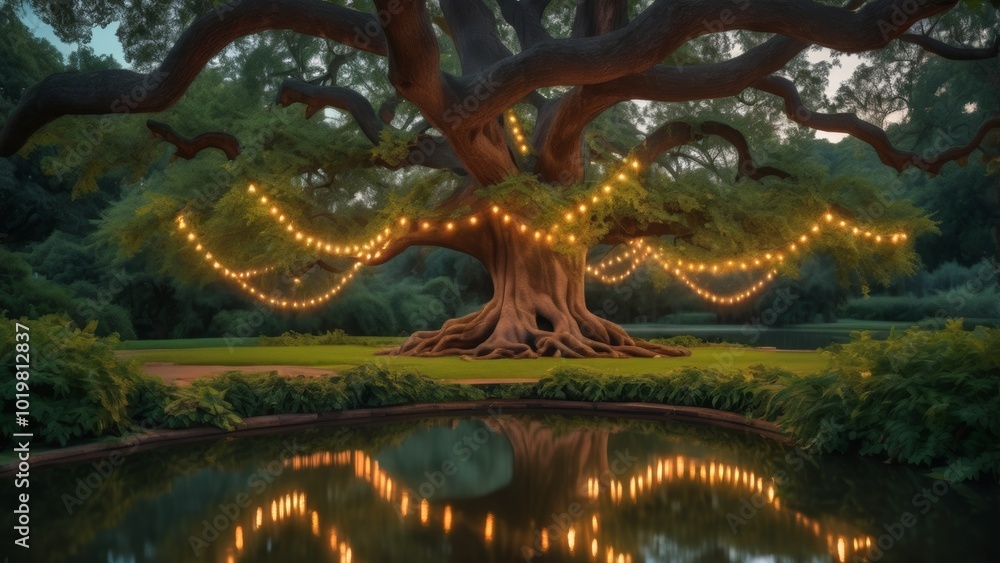 Obraz premium Electric garland on a large tree in the park