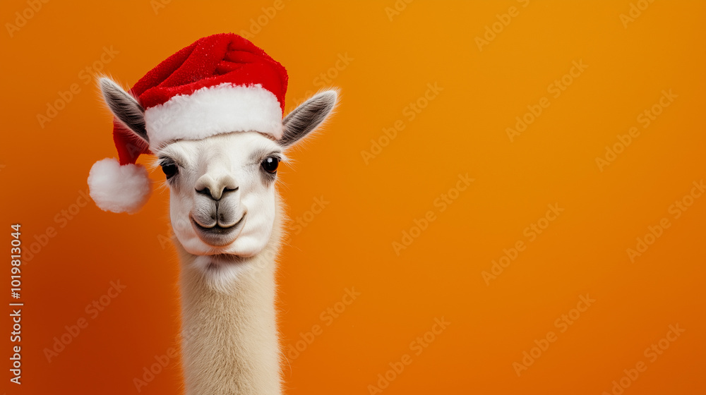 Obraz premium A llama wearing a Santa hat with an orange background, looking directly at the camera.
