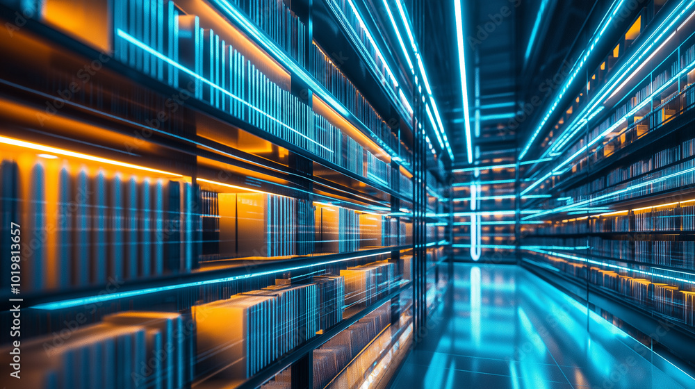 Obraz premium A futuristic corridor illuminated by vibrant blue and orange lights in a high-tech environment.