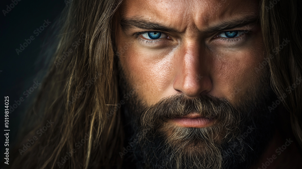 A close-up portrait of a man with intense blue eyes and a rugged beard. A close-up portrait of a man with intense blue eyes and a rugged beard.