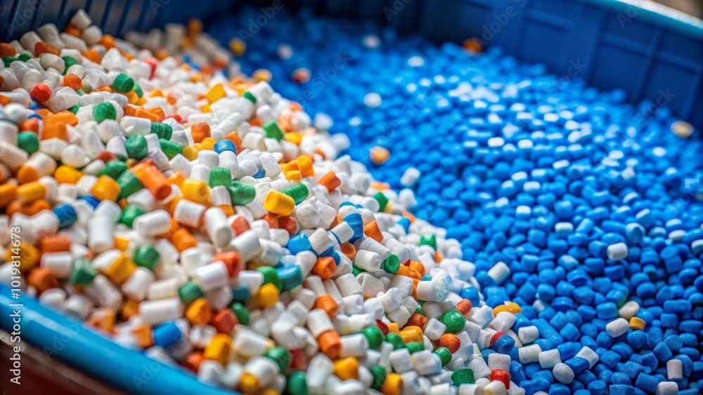 Obraz premium Close-up shot of plastic being recycled into small plastic pellets, recycling, plastic, environment