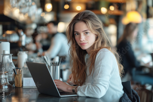 Focused young woman working on her laptop in a dimly lit cafe, surrounded by books and notes, immersed in her task.