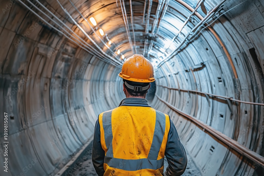 Fototapeta premium Construction Worker Inspecting Tunnel Infrastructure