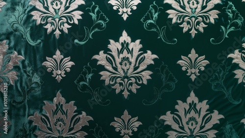 Elegant emerald green fabric with silver floral pattern.