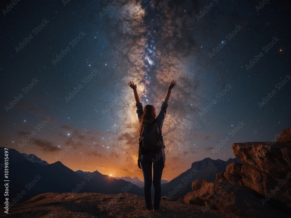 Fototapeta premium silhouette of a standing happy women on the mountain in night sky with stars. AI Generative