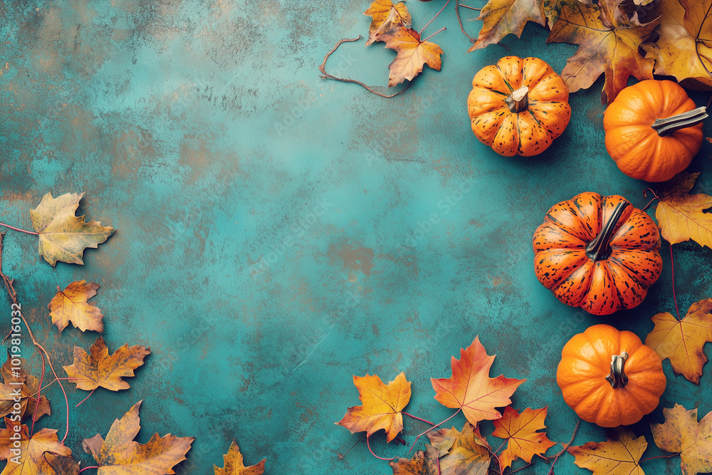 Pumpkins and vibrant autumn leaves arranged on a textured turquoise background, evoking a festive fall and Thanksgiving vibe. Pumpkins and vibrant autumn leaves arranged on a textured turquoise background, evoking a festive fall and Thanksgiving vibe.