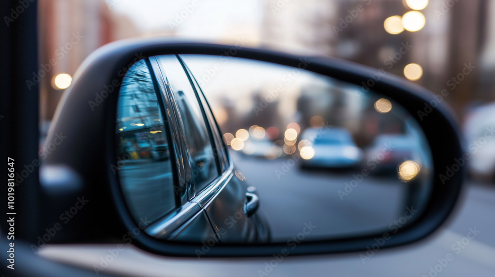 Side mirror view from a speeding car, with blurred city lights in motion.
Side mirror view from a speeding car, with blurred city lights in motion.